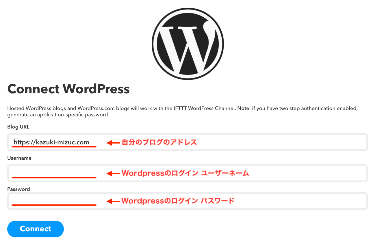 IFTTTでWordpressのログイン情報を入力する画面