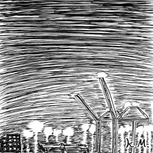 一文物語365の挿絵：夜の海沿いの工場