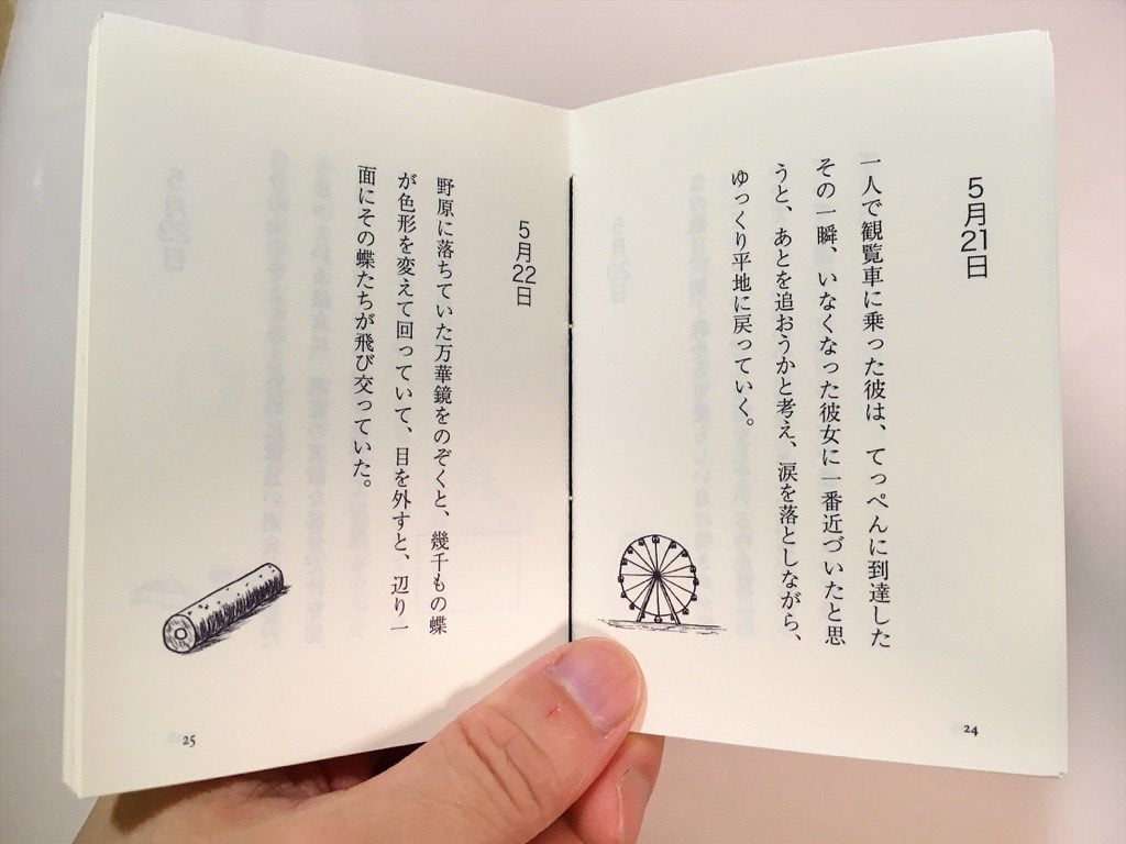 新作一文物語手製本「ポケットに入る宇宙の万華鏡 中」の本文見開いて持っているところ