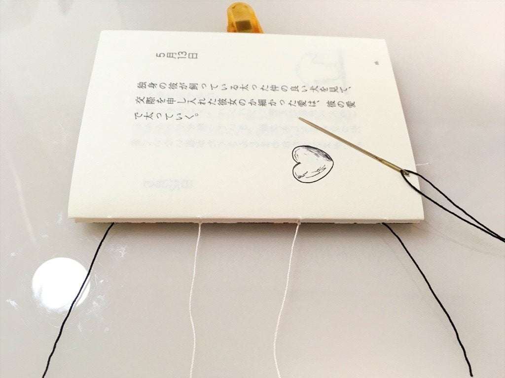新作一文物語手製本「ポケットに入る宇宙の万華鏡 中」の表紙と本文一折り目の糸かがり