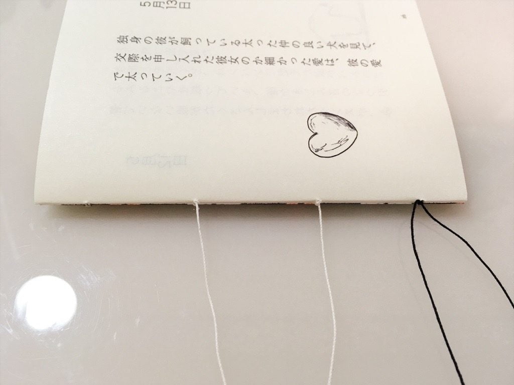 新作一文物語手製本「ポケットに入る宇宙の万華鏡 中」の表紙と本文一折り目の糸かがりが終わったところ