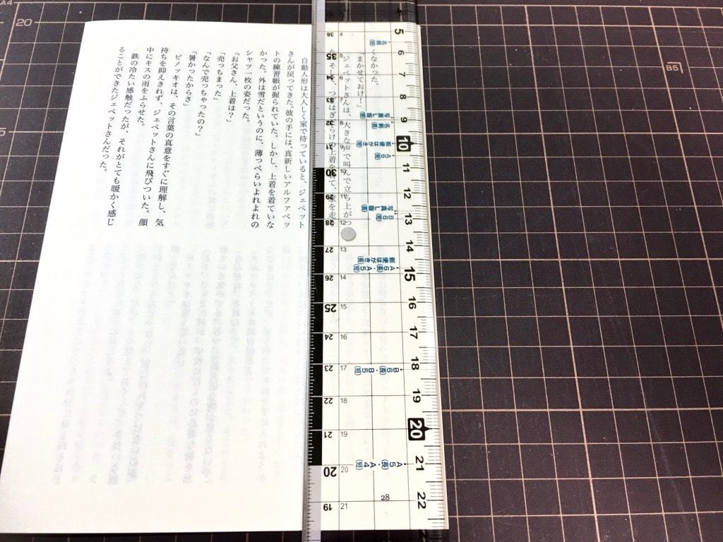 Pinocchio展に出展する小説手製本の本文用紙の小口をカット