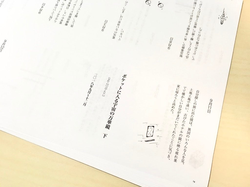 新作一文物語手製本「ポケットに入る宇宙の万華鏡 下」の本文プリントアウト