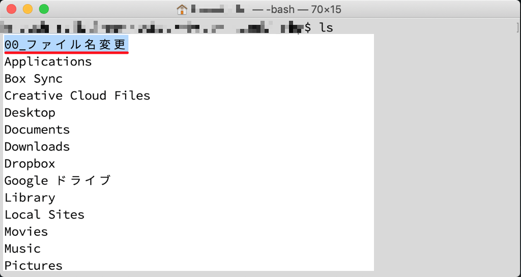 ターミナルで、lsコマンドを実行結果