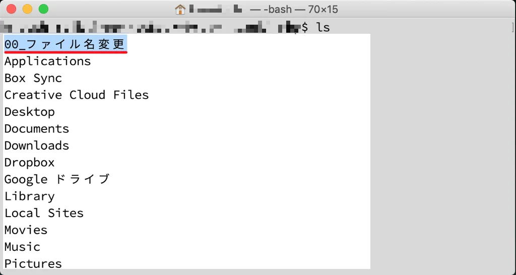 ターミナルで、lsコマンドを実行結果